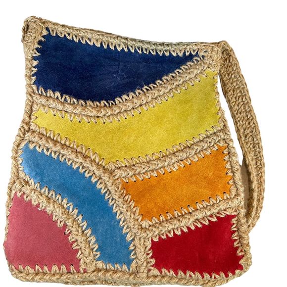 70's Woven Jute with Multicolor Patches Crossbody-Shoulder Bag, Made in Italy - Picture 2 of 8